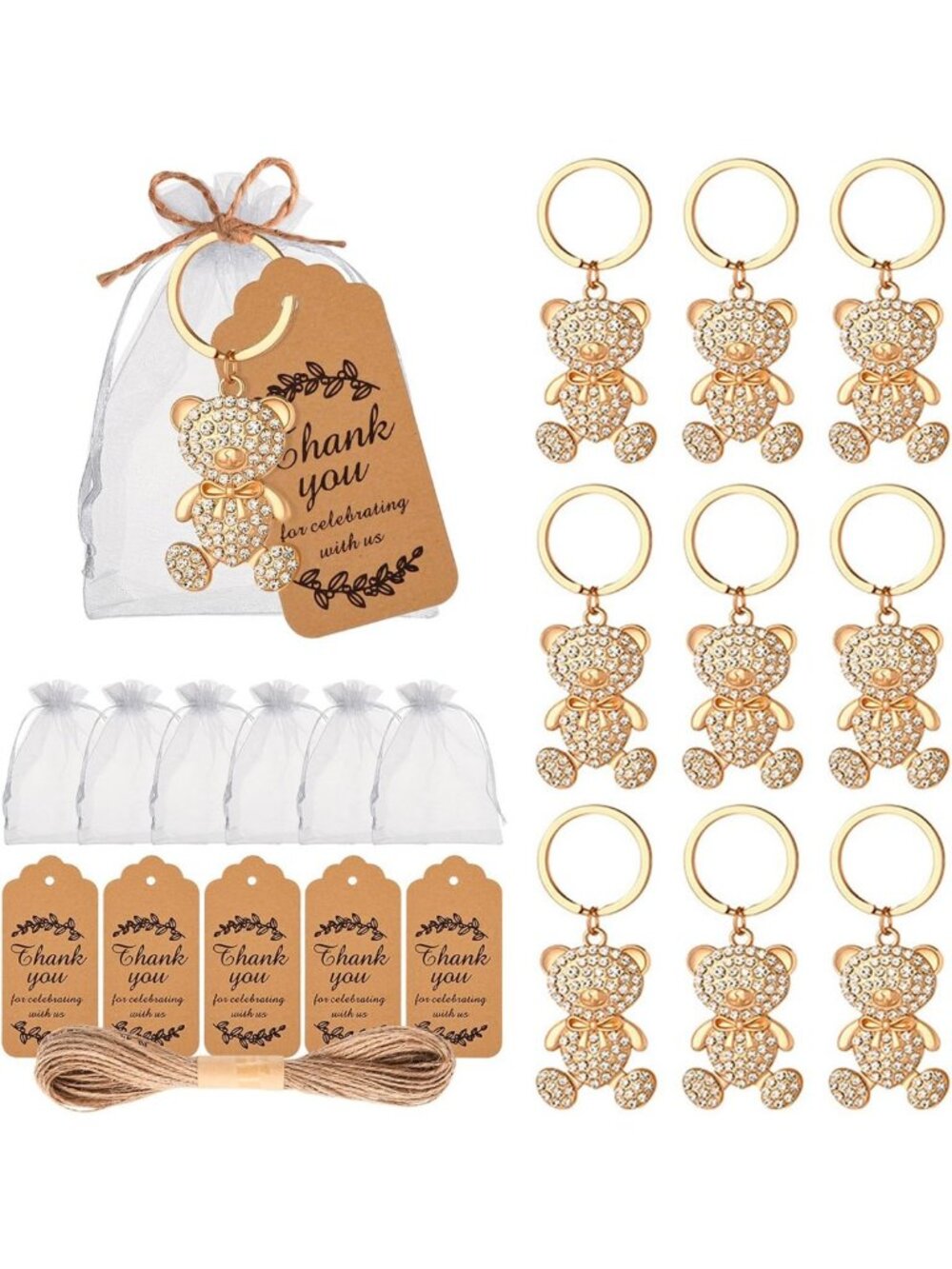 50 Pcs Cute Rhinestone Bear Keychains for Baby Showers, Weddings & Parties
